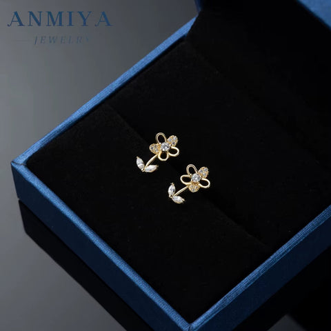 Bling Cubic Zirconia Flower Golden Stud Earrings 925 Sterling Silver Fashion Shiny Jewelry Waterproof Stud Earrings for Women