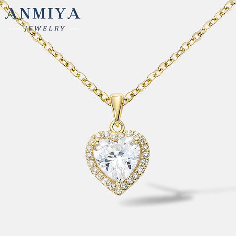 ANMIYA Simple 925 Sterling Silver Heart Zircon Pendant Jewelry European and American Women'S Love Necklace