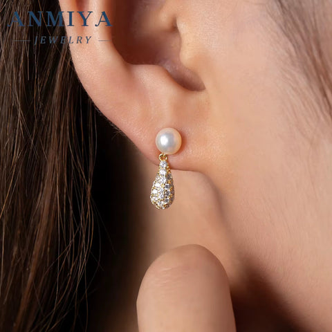 Fine Jewelry 925 Sterling Silver 18K Gold Plated Earrings Fresh Water Pearl Zircon Ear Earrings