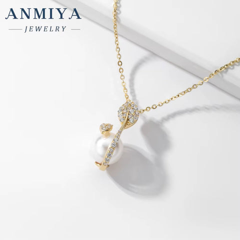 ANMIYA Trendy Jewelry Summer 2024 No Fade Adjustable Long Gold Plated 925 Silver Women Leaf Pearl Pendant Necklace