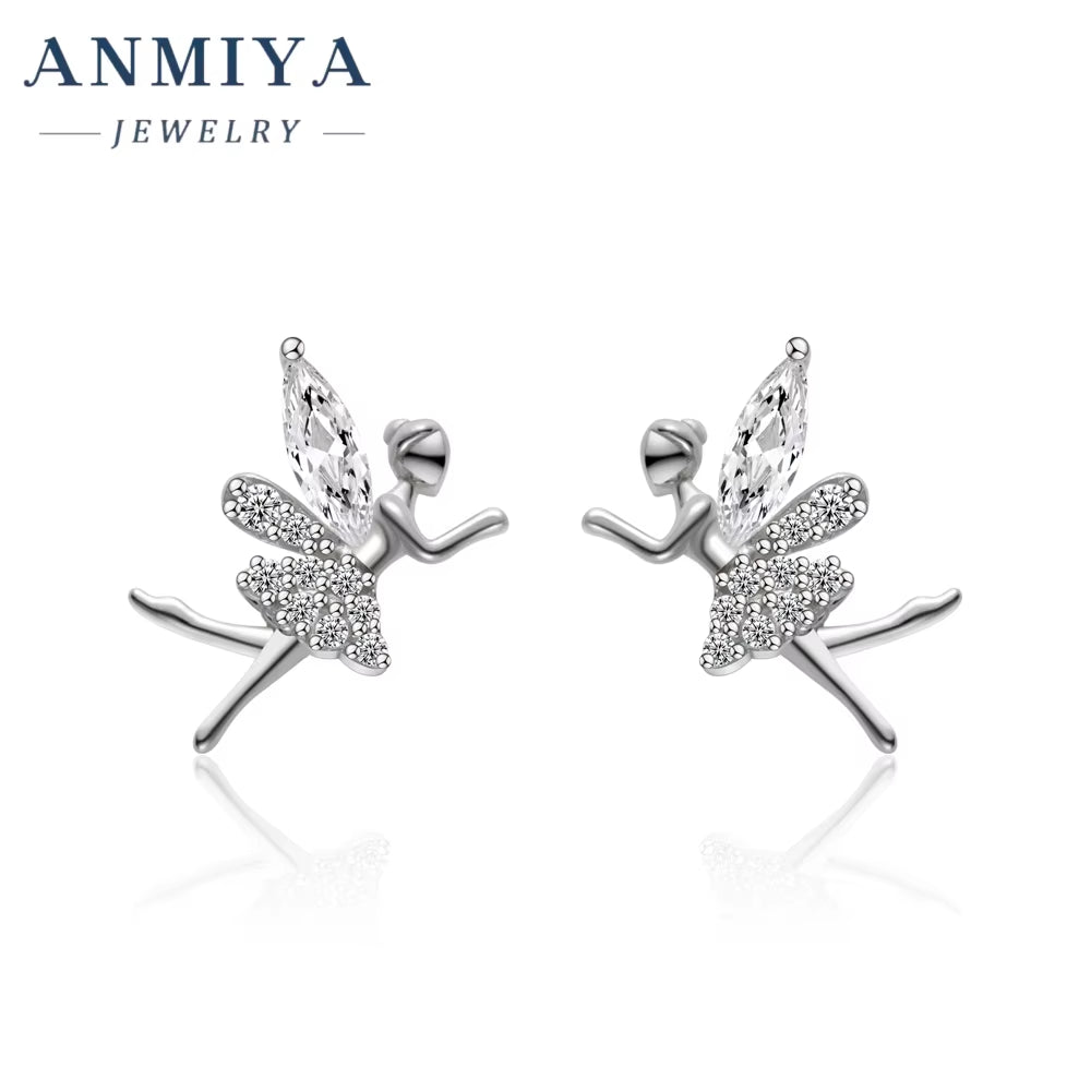 ANMIYA Summer Fairy Shape Cute Zircon S925 Silver Stud Earrings for Gisl Bestfriends Hypoallergenic