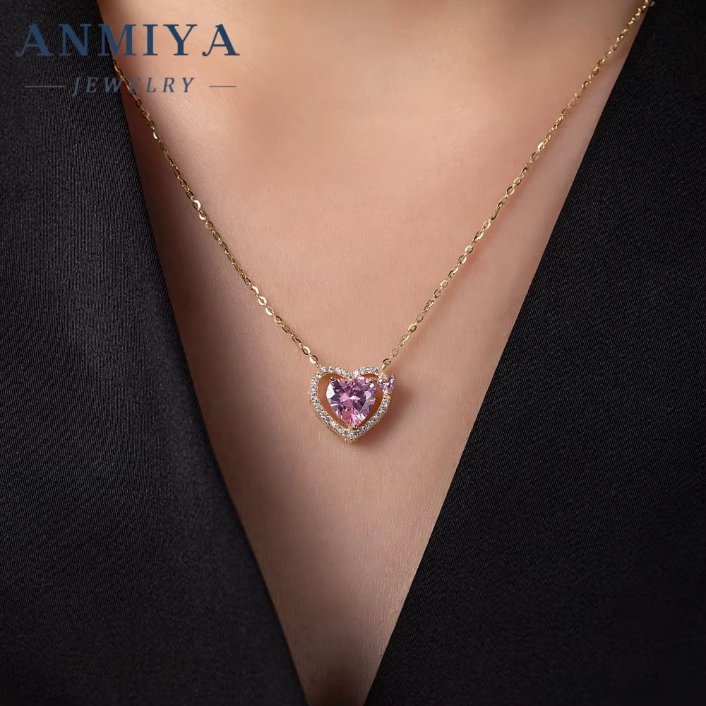 Fashion S925 Sterling Sliver Heart Pink 5A Zircon Necklace Earring Jewelry Set for Women Luxury Diamond Jewelry