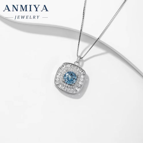 Luxury 925 Silver round Brilliant Cut Zircon Diamond Sapphire Square Necklace Jewelry for Women