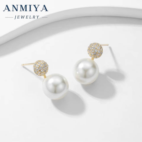 ANMIYA 14K Gold Plated Zircon Pearl Stud Earrings Set Fashionable Freshwater Pearl Earrings Earrings for Women