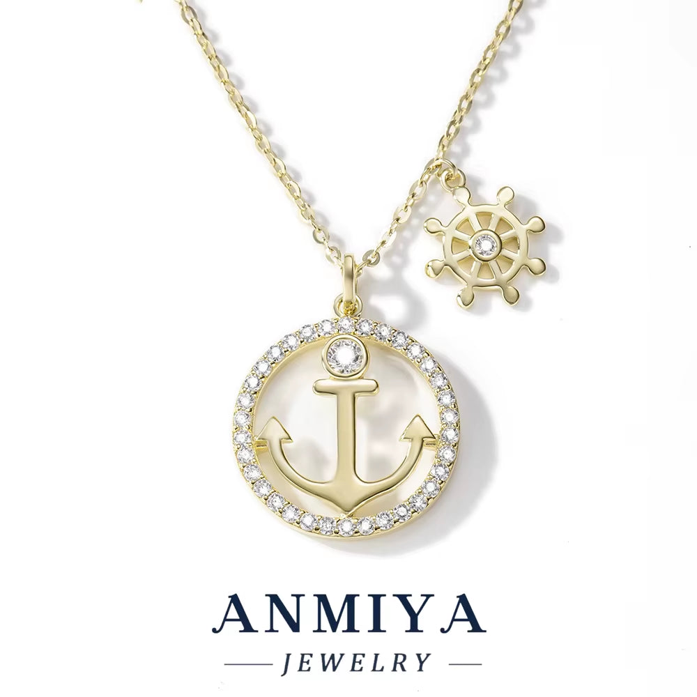 925 Sterling Silver 18K Gold Plated Anchor and Ship Wheel Pendant with Cubic Zirconia Nautical-Inspired Jewelry Necklace
