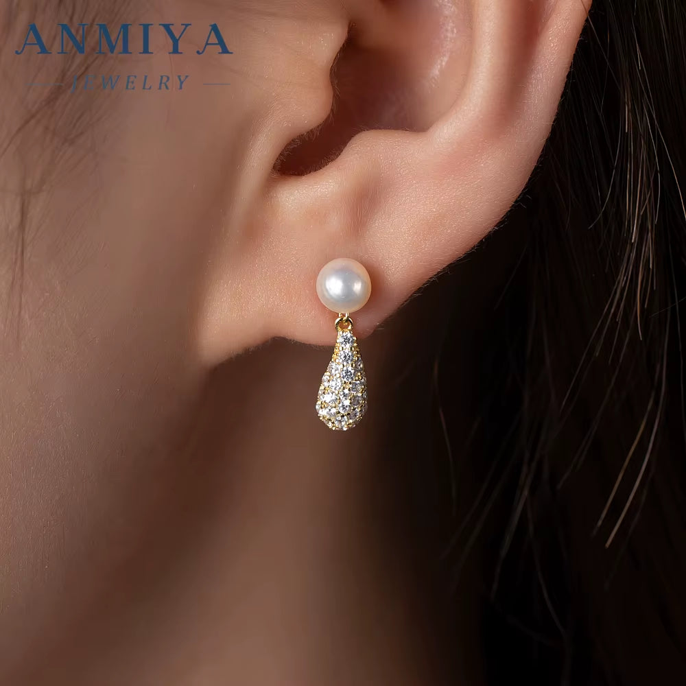 Fine Jewelry 925 Sterling Silver 18K Gold Plated Earrings Fresh Water Pearl Zircon Ear Earrings