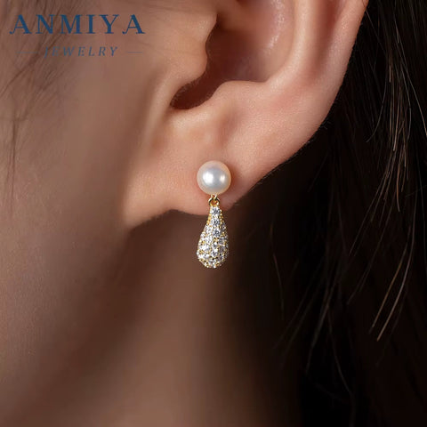 Fine Jewelry 925 Sterling Silver 18K Gold Plated Earrings Fresh Water Pearl Zircon Ear Earrings
