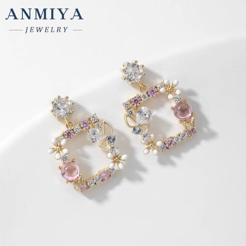 ANMIYA Fashion Earings Pink Flower Korean Butterfly Colour Fashion Sweet Flower 925 Silver Stud Earring for Women Jewelry Women