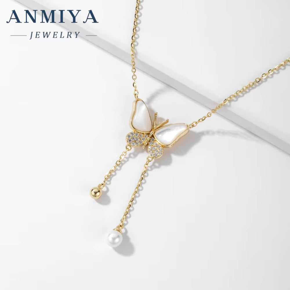 ANMIYA Fashion Zircon White Shell Butterfly Pendant Fringe Necklace 925 Silver Gold Plated Necklace for Women