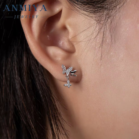ANMIYA Minimalist Simple Zircon Butterfly Hypoallergenic 925 Sterling Silver Stud Earrings