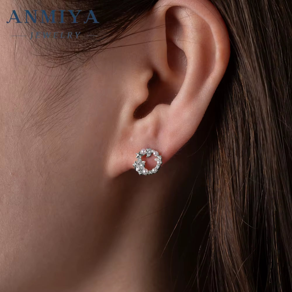 ANMIYA Unique Elegant Garland Star and Pearl Ins Fashion Jewelry Stud Earrings S925 for Bridal