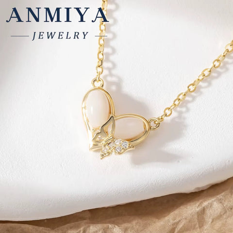 ANMIYA New 18K Gold Plated Heart Necklace Jewelry 925 Silver Butterfly Tassel Necklace for Women