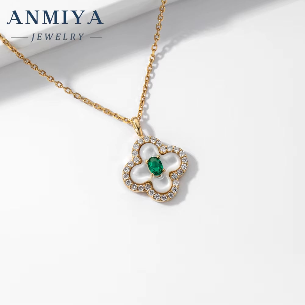 Customized Elegant New Tide Green Zircon Four Leaf Clover Necklace and Earrings Sets 925 Silver for Women