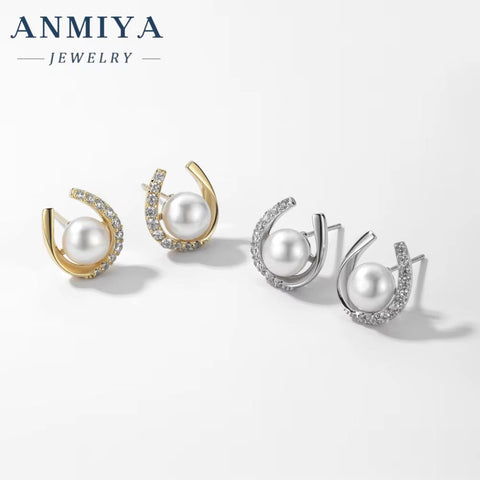ANMIYA Minimalist Elegant U Shape Zircon Fresh Water Pearl Stud Earrings 925 Silver Baroque Pearl Earrings for Womens