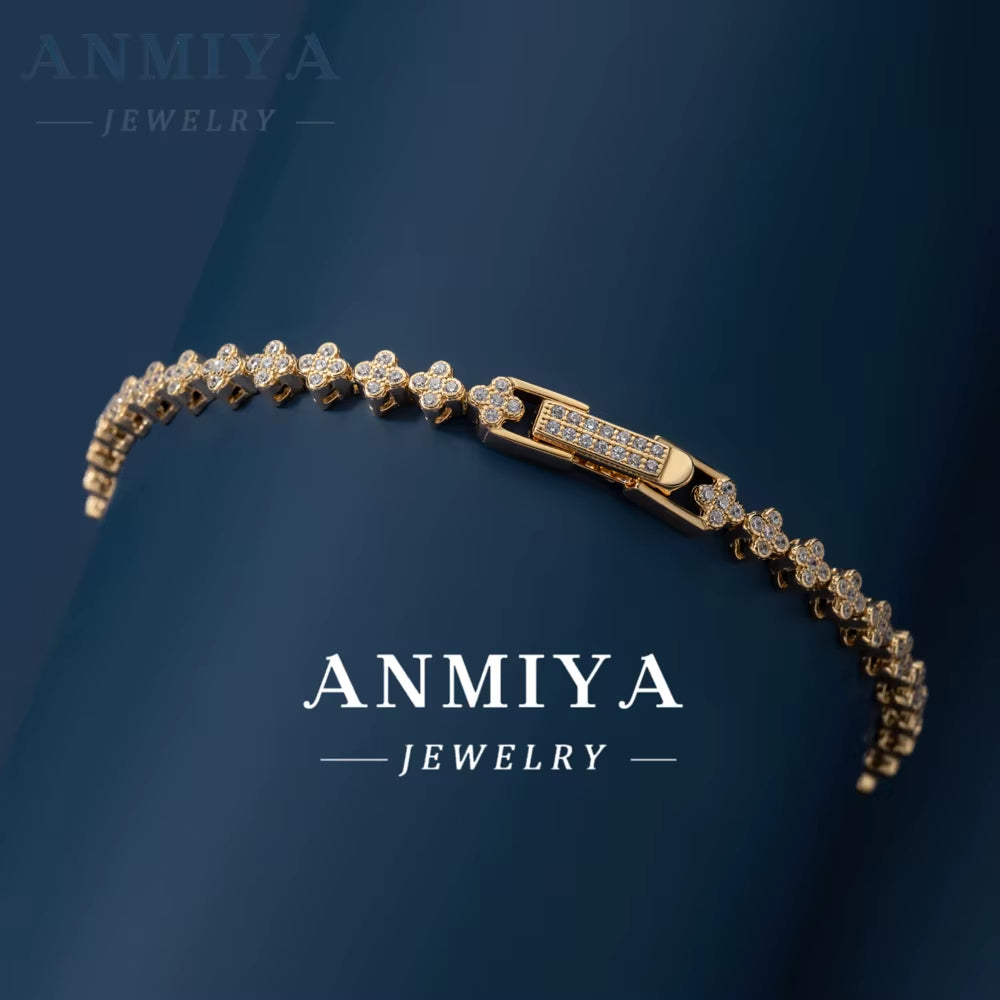 ANMIYA 925 Silver Fashion Charm Bracelet Inlaid Four Leaf Clover Zirconia Tennis Chain Clover Waterproof Bracelet for Women