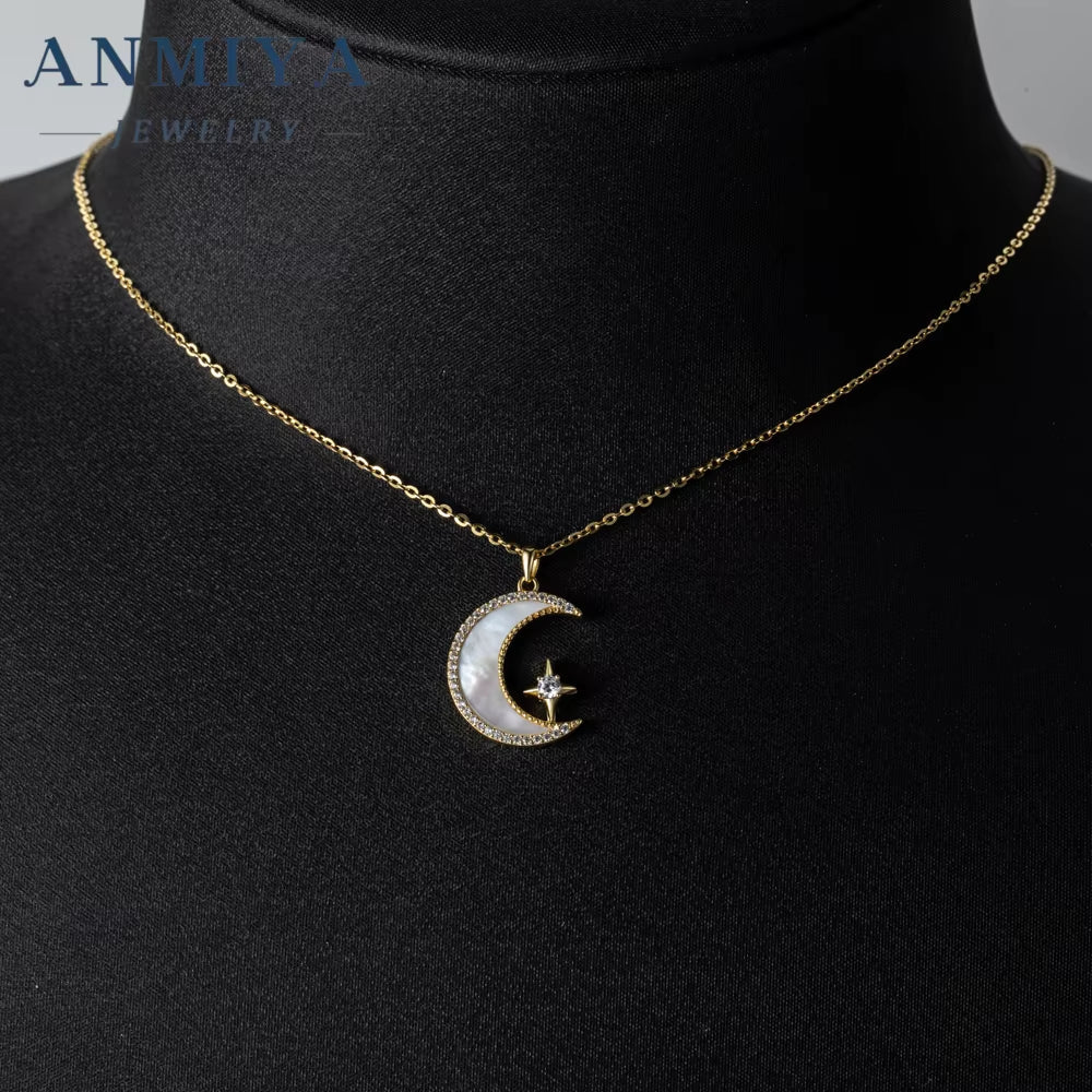 Fine Moon Shape Pendant White Shell Gold Plated Necklace Fashion 925 Silver Jewelry for Women Wholesale