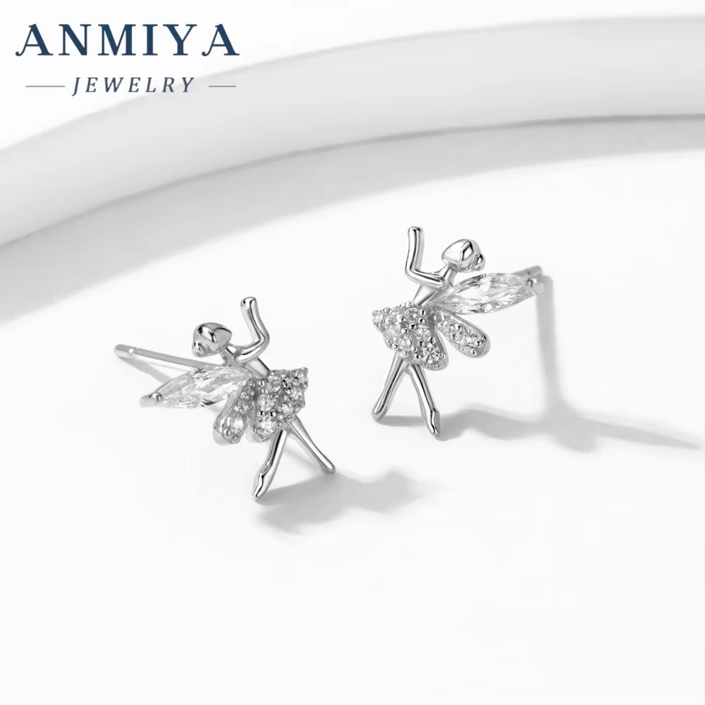 ANMIYA Summer Fairy Shape Cute Zircon S925 Silver Stud Earrings for Gisl Bestfriends Hypoallergenic