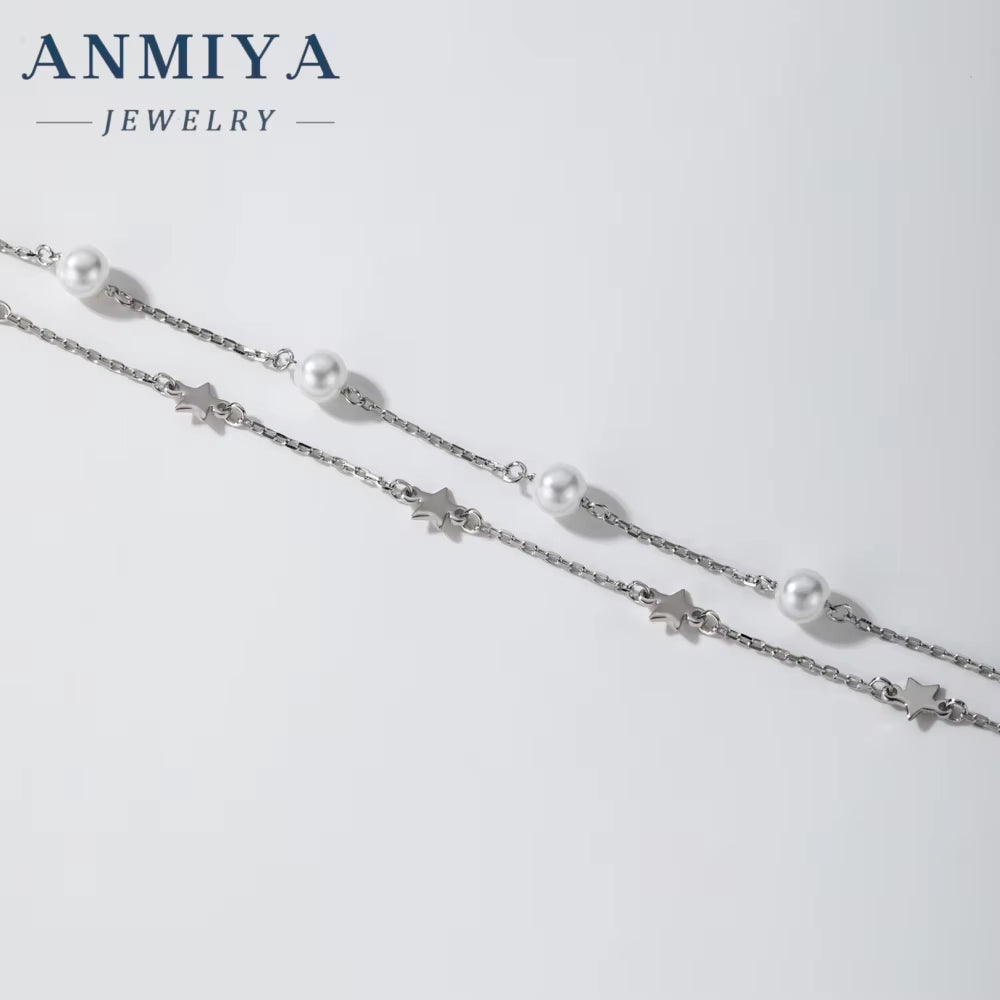 925 Sterling Silver Bracelet with Water Pearl Double Layered Adjustable Link Chain Pearl Bracelets for Women