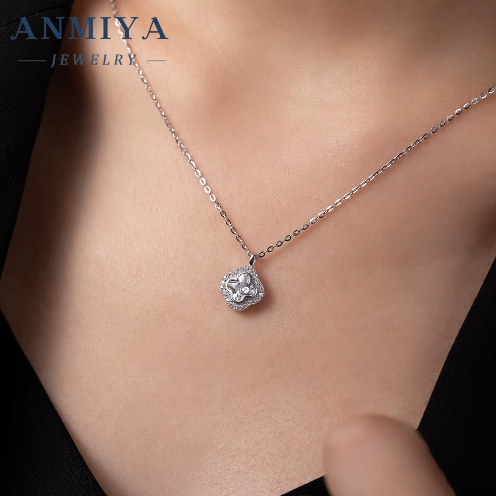 Luxury 925 Sterling Silver Clover Pendant Necklace for Women Square Zircon Link Chain Necklace for Parties Gifts