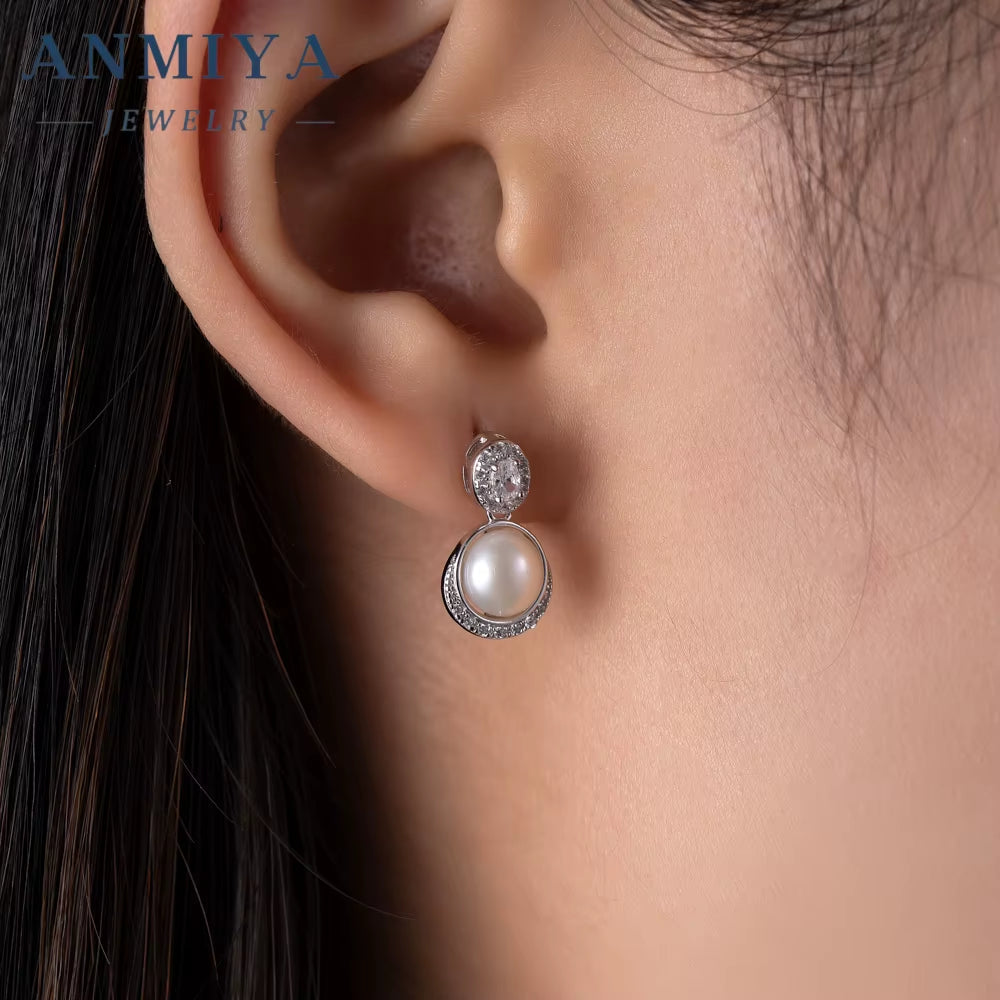 ANMIYA New Tide Water Drop Zircon Stone Pearl Fresh Water 925 Silver Girls Stud Earrings for Women Bridal