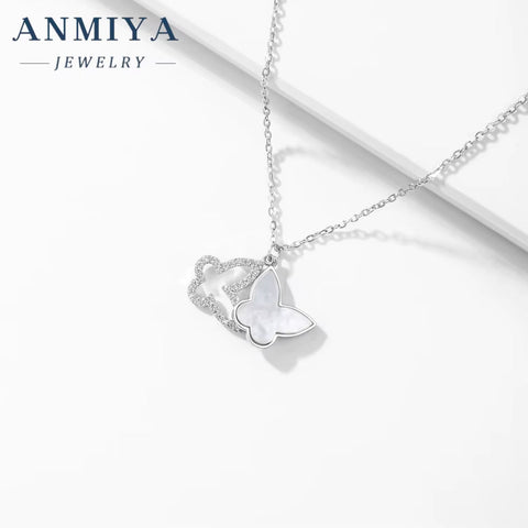 ANMIYA Sweet Fine Jewelry Friendship Jewelry 925 Silver Zircon Women Butterfly Set Pendant Necklace