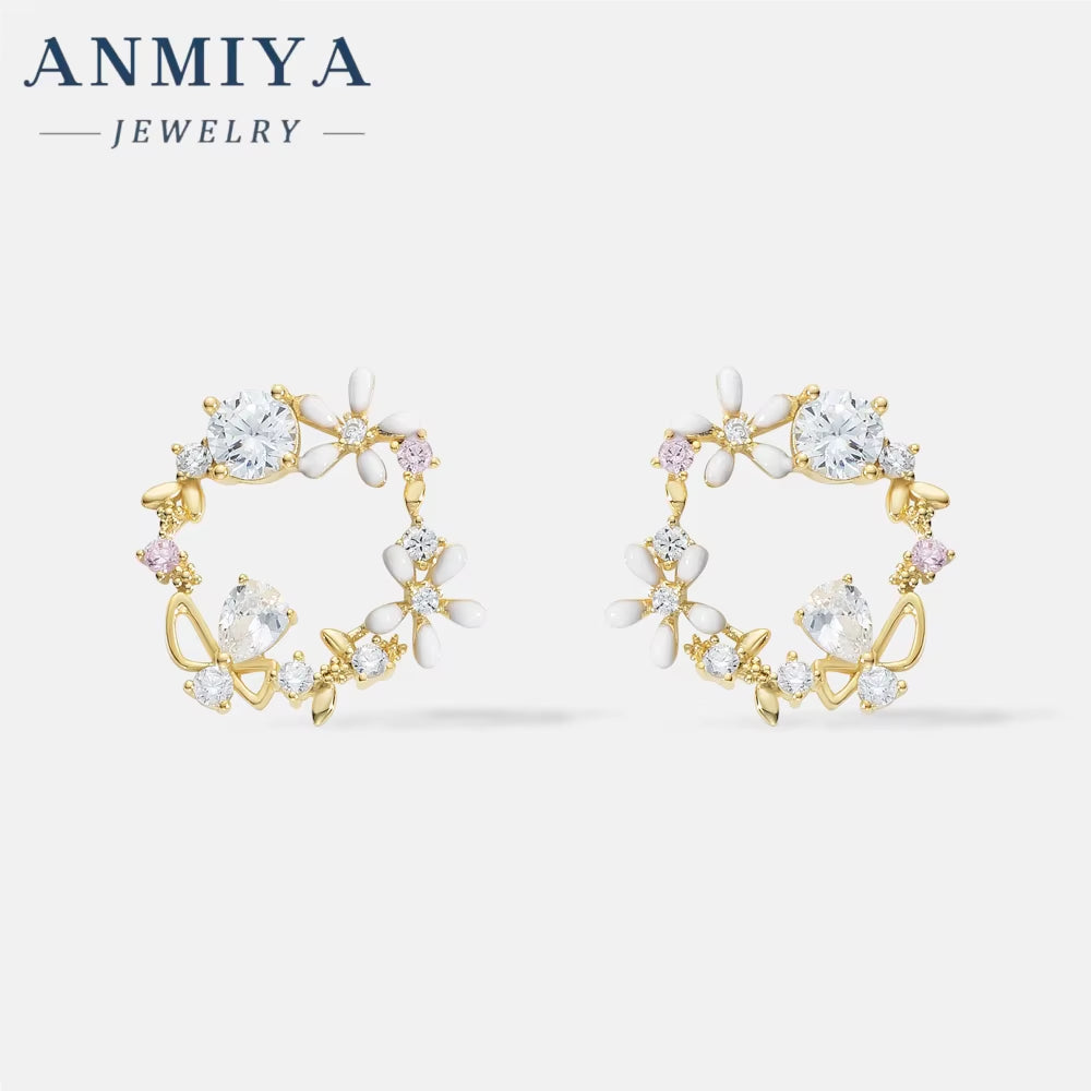 ANMIYA Best Selling Wholesale Flower and Zircon Garland Shape Zirconia 925 Silver Necklace Earrings Set for Women