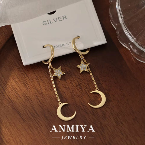 Top Selling 18K Gold Plated 925 Sterling Silver Earrings Fine Moon Star Dangle Pave Zircon Hoop Tassel Link Chain