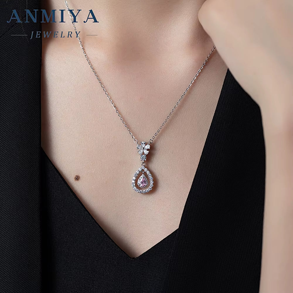 Niche Fashion Drop Shape Hollow Out Pear Ice Cut Fine Jewelry 925 Sterling Silver Necklace Pink ZC Necklace