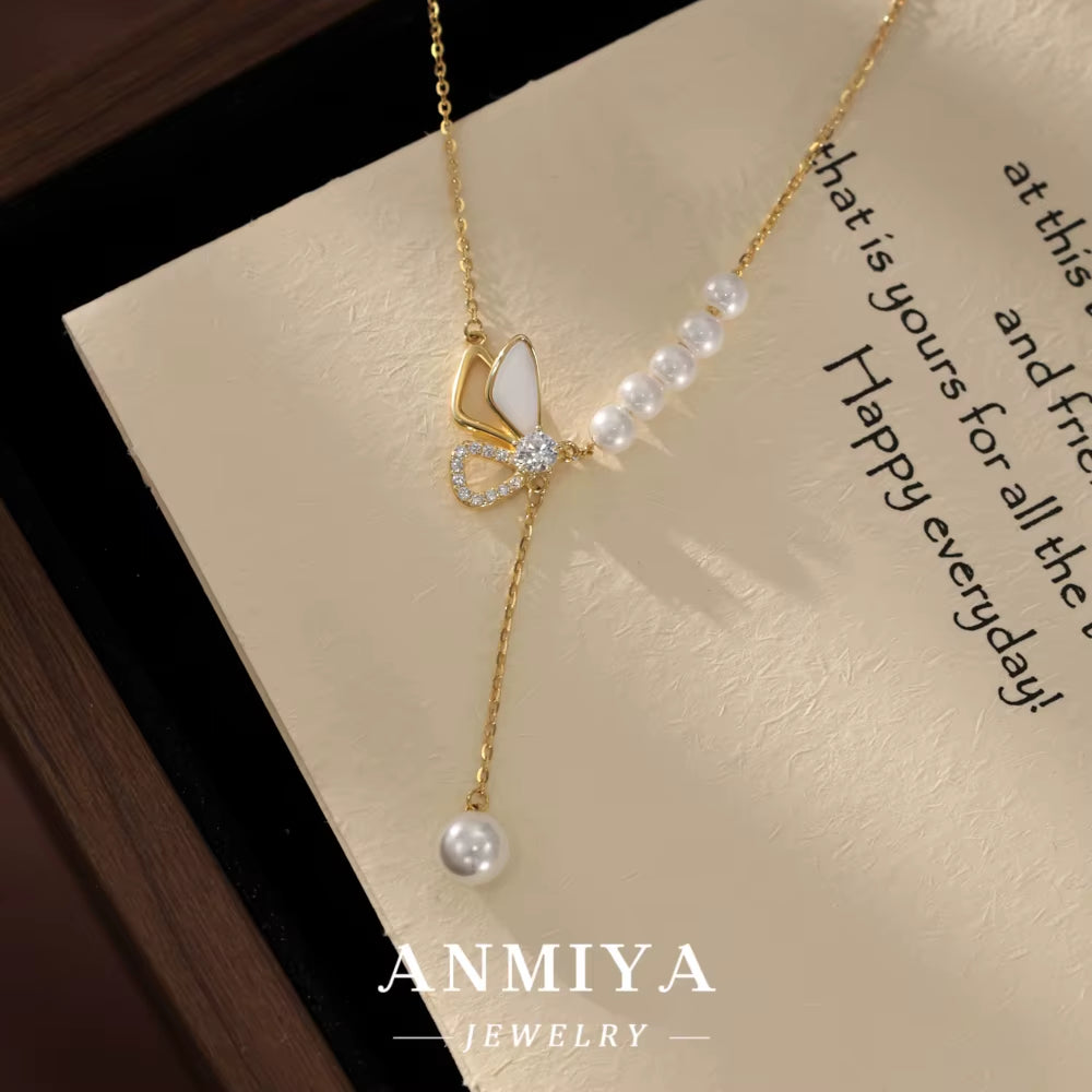 ANMIYA Butterfly Pearl 18K Gold Plated Fine Jewelry Fashion 925 Sterling Silver Charm Accessories Vintage Women'S Necklace