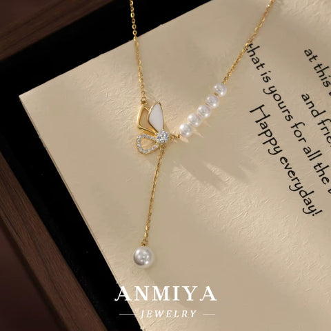 ANMIYA Butterfly Pearl 18K Gold Plated Fine Jewelry Fashion 925 Sterling Silver Charm Accessories Vintage Women'S Necklace