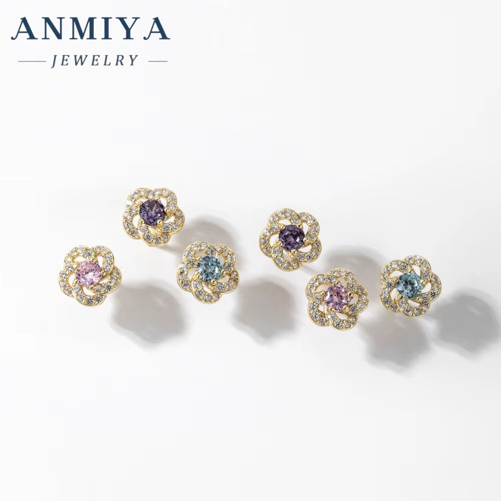 ANMIYA 2024 Flower-Shaped Stud Earrings Fashionable 925 Silver Fine Jewelry Earrings Three Zircon Flower Earring