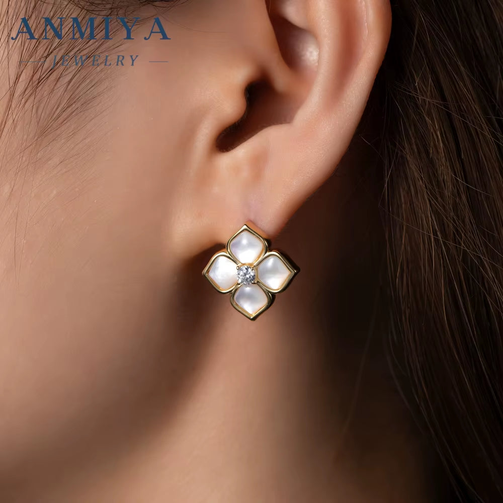 ANMIYA Wholesale S925 Silver Petal Four Leaf Clover Chalcedony Zircon Earrings Necklace Set for Wedding Party or Gift
