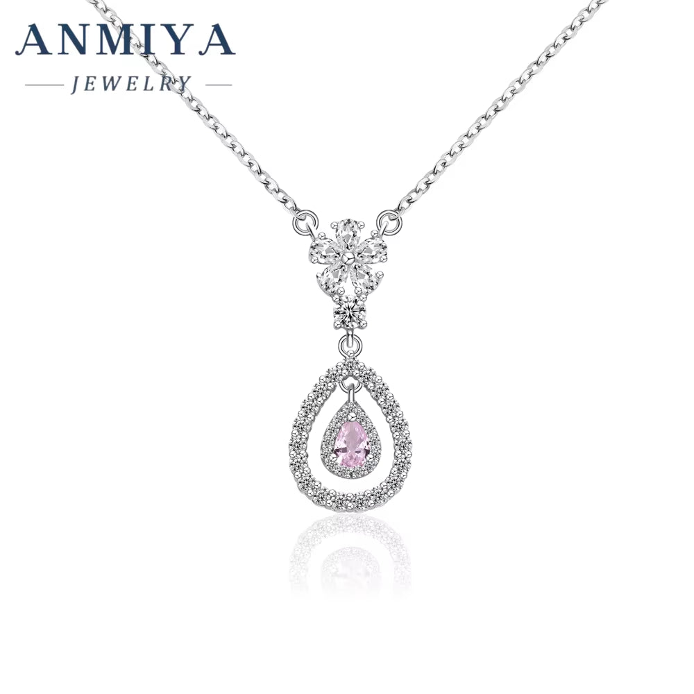 Niche Fashion Drop Shape Hollow Out Pear Ice Cut Fine Jewelry 925 Sterling Silver Necklace Pink ZC Necklace
