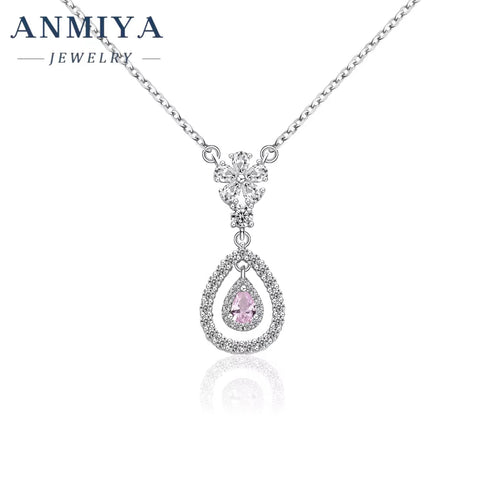 Fine Jewelry Pear Ice Crushed Cubic Pink Zirconia Hollow Out Silver Necklace Fashion Jewelry Pendants Charms