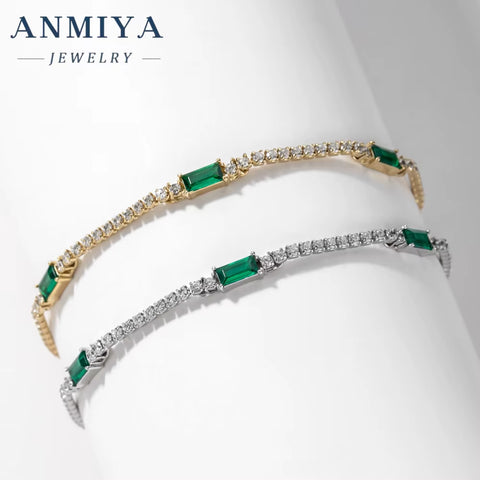 ANMIYA Green Zircon Bracelets Set Rhinestone Trendy Jewelry 925 Silver 18K Gold Bracelets for Women
