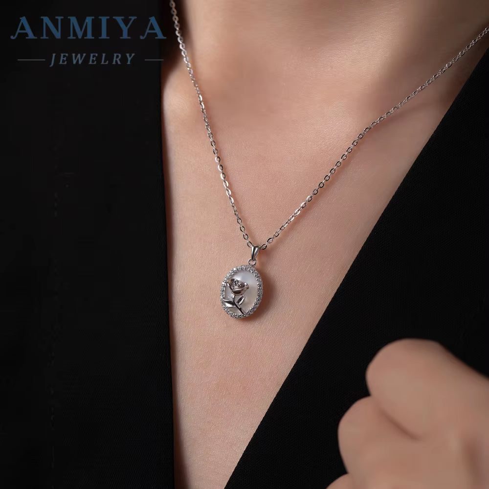 Vintage Rose round Shape Zircon Necklace 925 Sterling Silver Link Chain Fashionable Flower Pattern Necklace for Girls