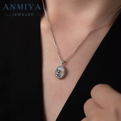 Vintage Rose round Shape Zircon Necklace 925 Sterling Silver Link Chain Fashionable Flower Pattern Necklace for Girls