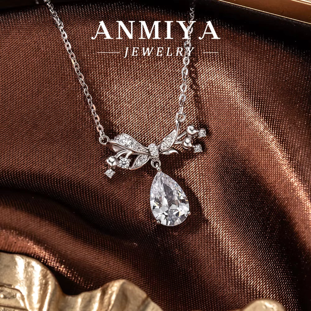 ANMIYA Jewelry S925 Silver Water Drop round Zircon Necklace Women'S Bow Pendant Full Diamond High End Light Luxury Jewelry