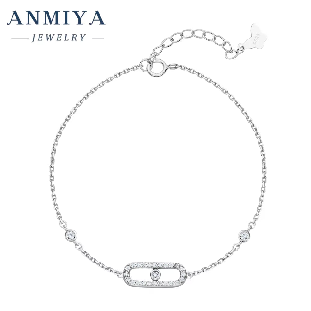 ANMIYA 925 Sterling Silver Bracelet Elegant Sliding Oval Design Sparkling Zircon Stones Perfect Necklace for Women
