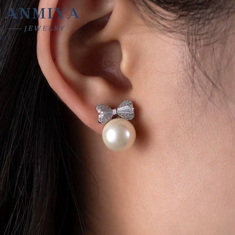 ANMIYA Gold Plated Bowknot Stud Earrings Pearl Festive Earring for Women Girls Christmas Jewelry Gifts