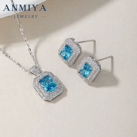 ANMIYA Fine Jewelry 925 Sterling Silver Necklace Vintage Sapphire Zircon Square Necklace Earrings Set Minimalist