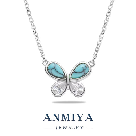 ANMIYA Women'S 925 Sterling Silver Butterfly Necklace with Turquoise Stone and Zirconia Link Chain Valentine'S Day Gift