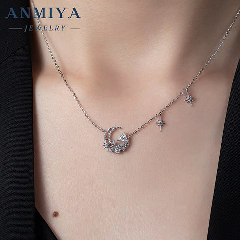 925 Sterling Silver Necklaces Women Fine Jewelry Wedding Accessories Moon Pendant Beads Necklace Wholesale