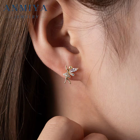 ANMIYA Manufacturer Latest Design Elf Fairy Shape Zircon Hypoallergenic S925 Silver Stud Earrings for Girl