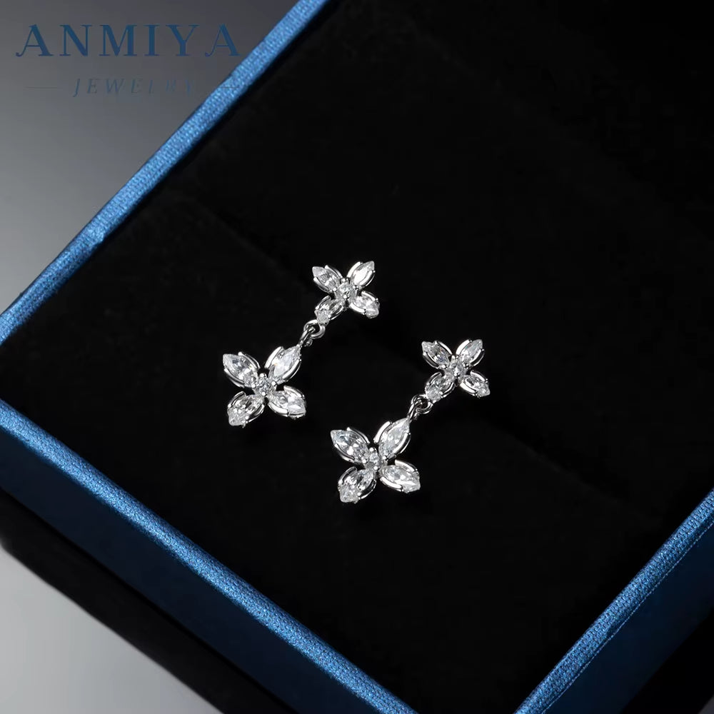 Hot Sale 925 Sterling Silver Four-Leaf Clover Flower Zircon Stud Earrings for Women Zircon Drop Earrings Jewelry