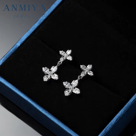 Hot Sale 925 Sterling Silver Four-Leaf Clover Flower Zircon Stud Earrings for Women Zircon Drop Earrings Jewelry