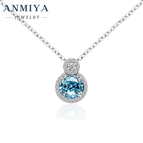 Round Shape Halo Design Silver 925 Chain Diamond Ice Cut Zircon Pendant Blue Necklace