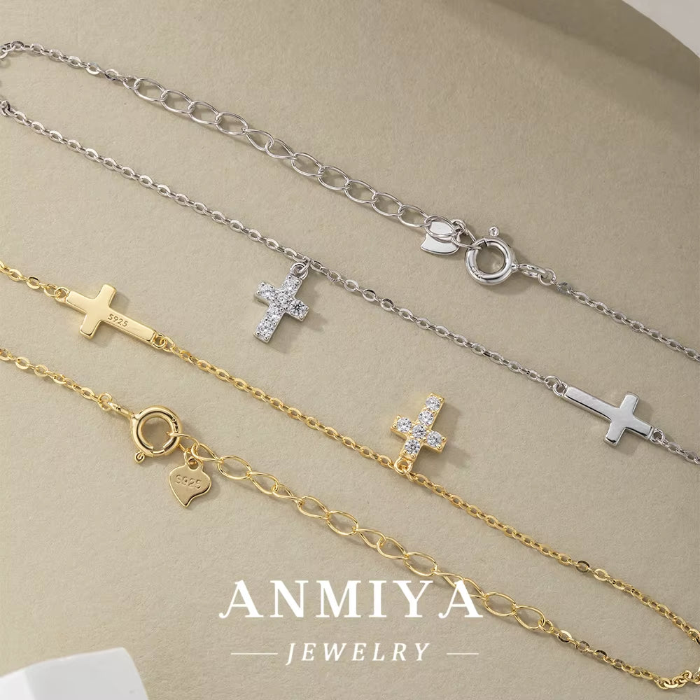 ANMIYA Design Trendy 18K Gold Plated 925 Sterling Silver Cross Charm with Zircon Bracelet Fine Jewelry Women Bracelet