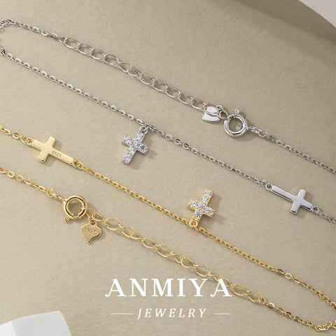 ANMIYA Design Trendy 18K Gold Plated 925 Sterling Silver Cross Charm with Zircon Bracelet Fine Jewelry Women Bracelet