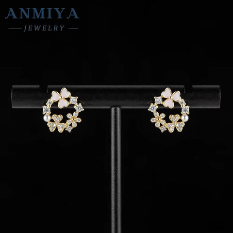 Niche 925 Sterling Silver Fashion Pink Clover Pearl Zircon Inlay Stud Earrings
